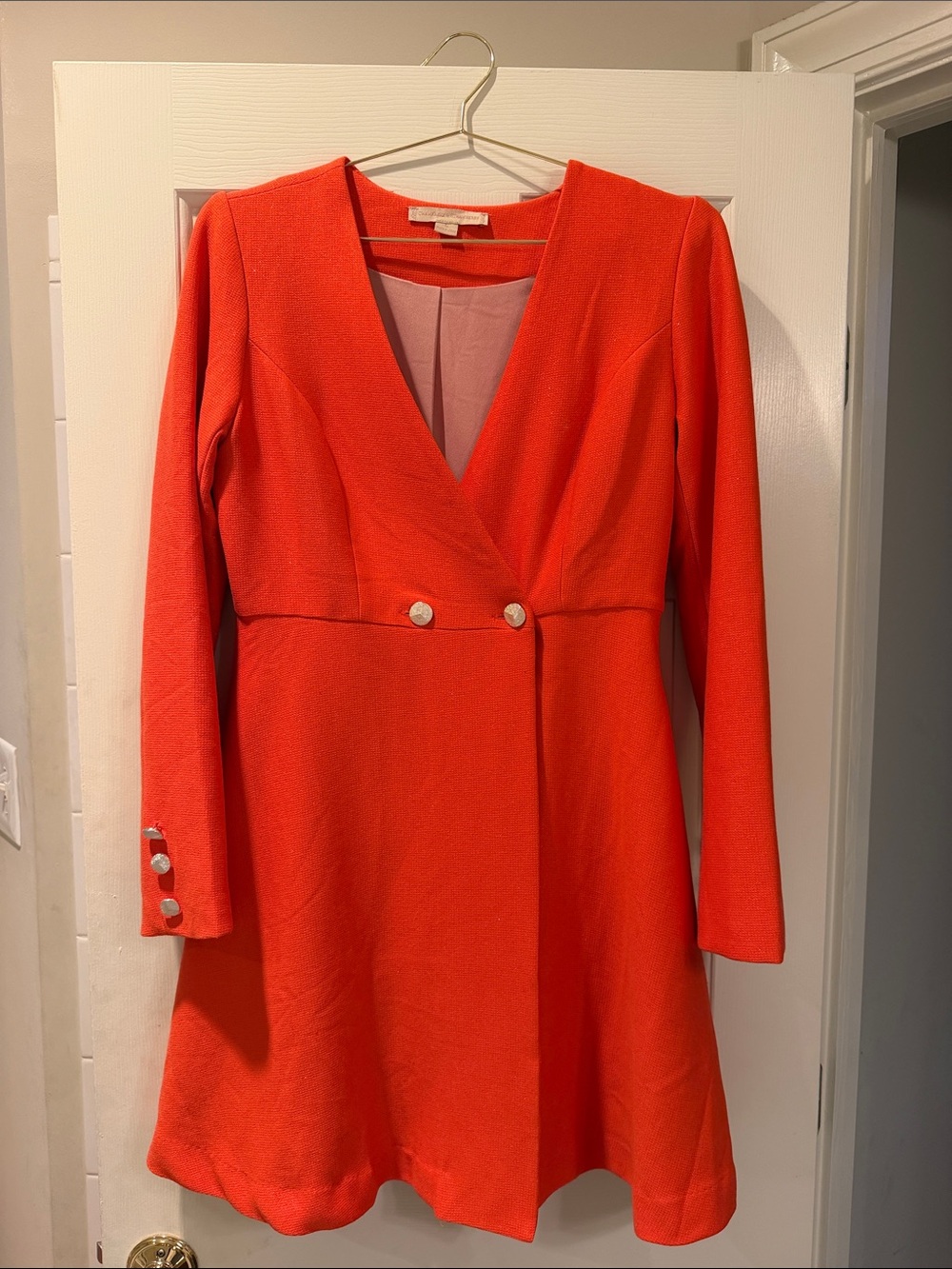 Women's Red V-Neck Long Sleeve Dress with Button Detail